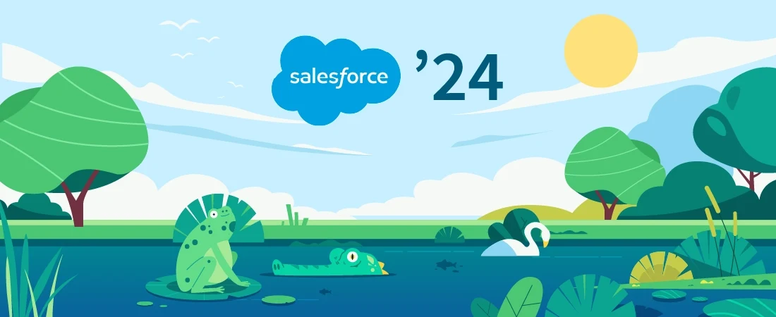Salesforce summer 24 release poster met dieren in het water in het park met een bos op de achtergrond