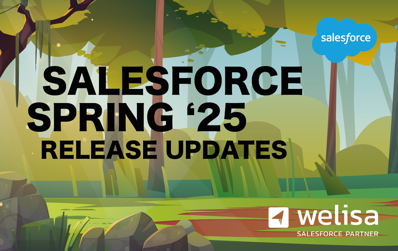 Een bos in de lente op de achtergrond met de tekst 'Salesforce Spring '25 release updates' met de logo's van Salesforce en Welisa